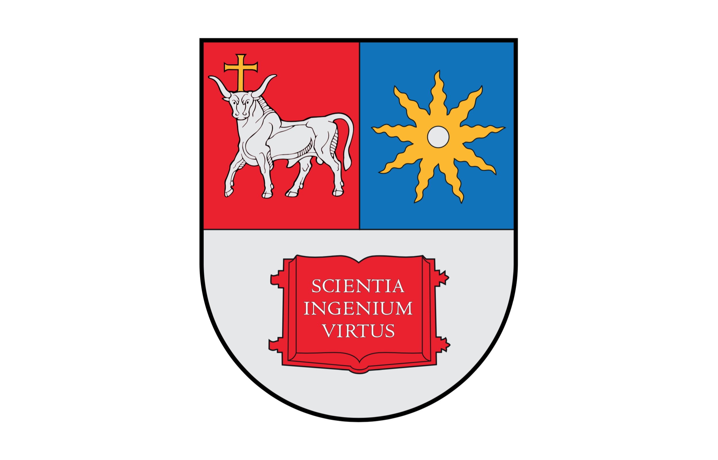 KTU coat of arms with heraldic symbols: bison in a red background, yellow sun in blue sky, red open book with written statement "scientia ingeniu, virtus".