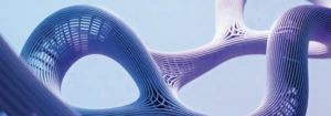 Abstract 3D structure of smooth, intertwined blue and purple curved lines forming a flowing geometric pattern on a light background.