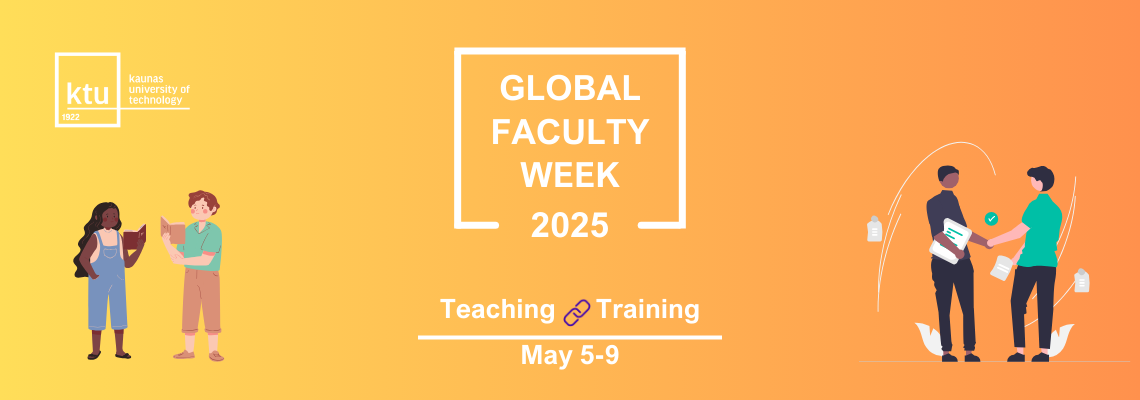 Its a cover for global faculty week 2025, the logos are white in color. There is a white KTU logo on the left side. Along with there are some image to the the left and right of the cover representing collaboration, teaching and training