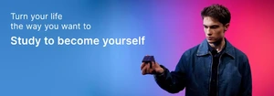 A young man wearing a dark denim jacket stands against a gradient background transitioning from blue to pink. He is holding a black Rubik’s cube in his hand, looking at it thoughtfully. Text on the left side of the image reads: “Turn your life the way you want to. Study to become yourself.” Link to website.