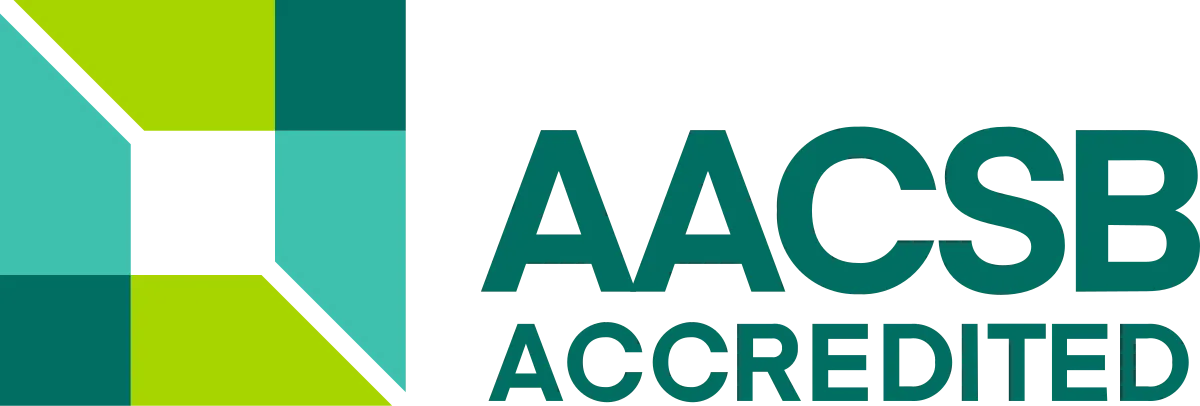 Verslo mokyklų tobulinimo asociacijos logotipas, nukreipiantis vartotojus į https://www.aacsb.edu/ puslapį