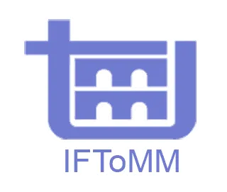 Tarptautinė mechanizmų ir ma&scaron;inų mokslo plėtros federacijos logotipas, nukreipiantis vartotojus į https://iftomm-world.org/ puslapį