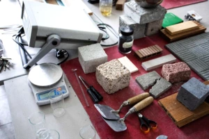 concrete samples on a table in a KTU lab