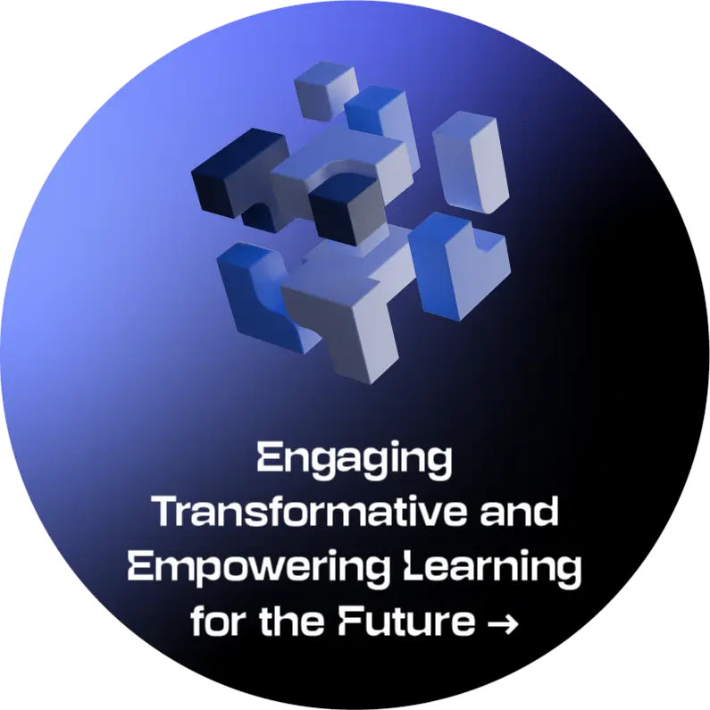 Actyve icon Engaging Transformative and Empowering Learning for the Future Circular strategic direction symbol on a blue-to-black gradient background. At the top is a three-dimensional composition of interlocking and separated blue and grey geometric blocks; below is the text “Engaging Transformative and Empowering Learning for the Future”. The active state indicates that this strategic direction is selected and its accordion-style content with the description is open.
