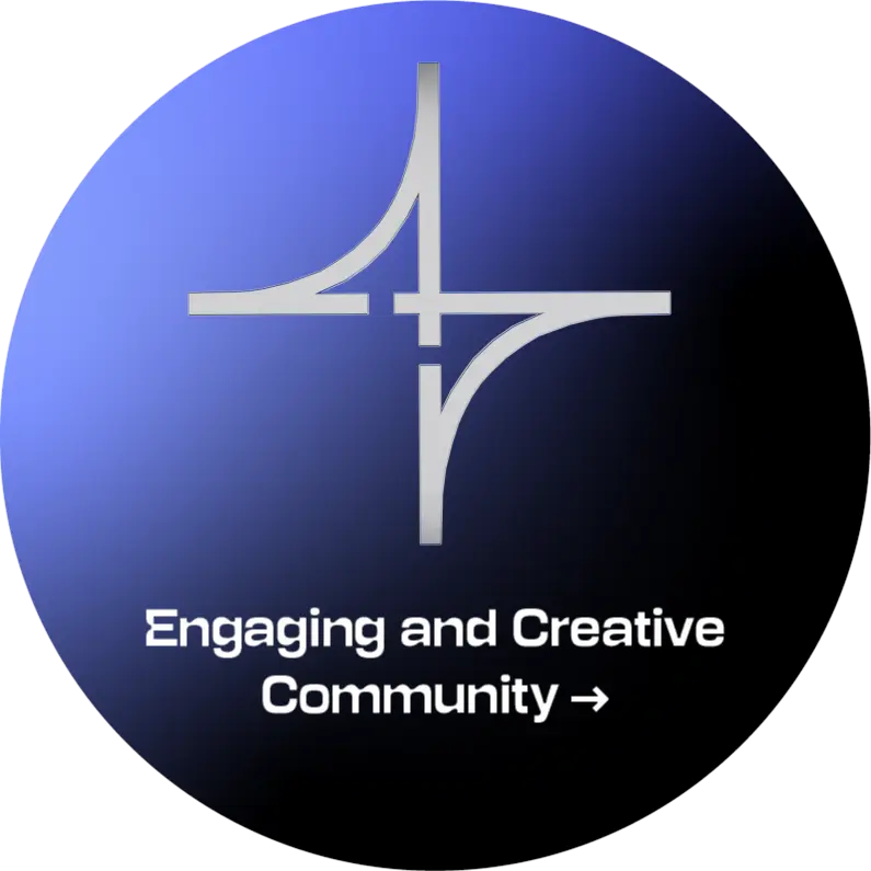 Actyve icon Engaging and Creative Community Circular strategic direction symbol on a blue-to-black gradient background. At the top is a stylised white geometric symbol branching in four directions; below is the text “Engaging and Creative Community”. The active state indicates that this strategic direction is selected and its accordion-style content with the description is open.