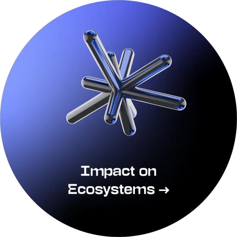 Actyve icon Impact on Ecosystems Circular strategic direction symbol on a blue-to-black gradient background. At the top is a three-dimensional star-like composition made of intersecting glossy metallic rods; below is the text “Impact on Ecosystems”. The active state indicates that this strategic direction is selected and its accordion-style content with the description is open.