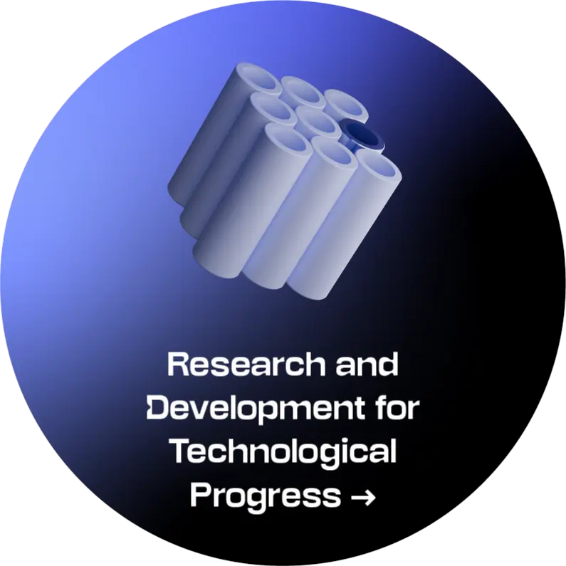 Actyve icon Research and Development for Technological Progress Circular strategic direction symbol on a blue-to-black gradient background. At the top is a three-dimensional composition of clustered hollow cylindrical tubes in light grey and blue; below is the text “Research and Development for Technological Progress”. The active state indicates that this strategic direction is selected and its accordion-style content with the description is open.