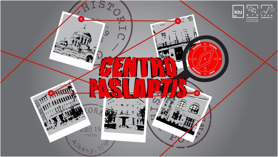 Red text in the center, surrounded by 5 photos of Kaunas; the photos are connected by a red thread