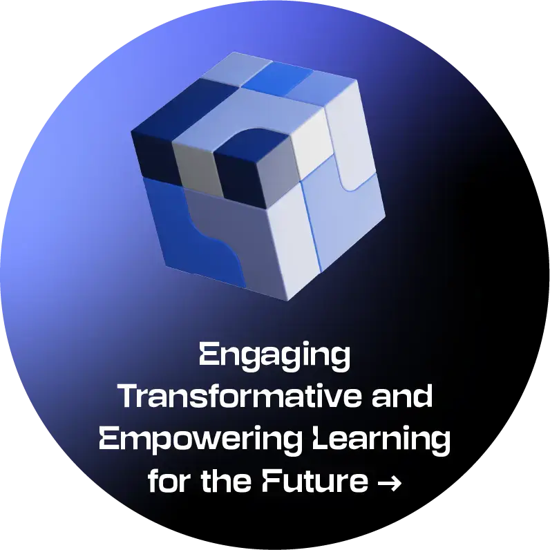 Engaging Transformative and Empowering Learning for the Future - icon Circular strategic direction symbol on a blue-to-black gradient background. At the top is a three-dimensional composition of interlocking and separated blue and grey geometric blocks; below is the text “Engaging Transformative and Empowering Learning for the Future”. Selecting it opens accordion-style content with a description of the strategic direction.