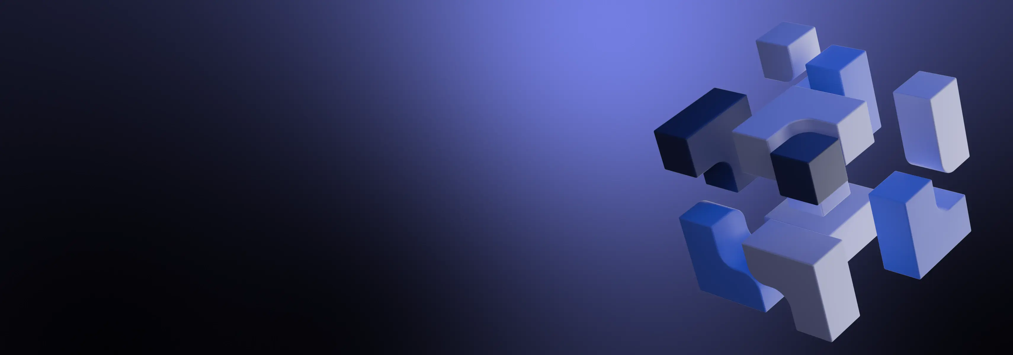 Wide KTU strategy banner on a blue-to-black gradient background. On the right is a three-dimensional composition of interlocking and separated blue and grey geometric blocks, representing the strategic direction &ldquo;Engaging Transformative and Empowering Learning for the Future&rdquo;. Selecting the banner opens the page presenting this KTU strategic direction in more detail.