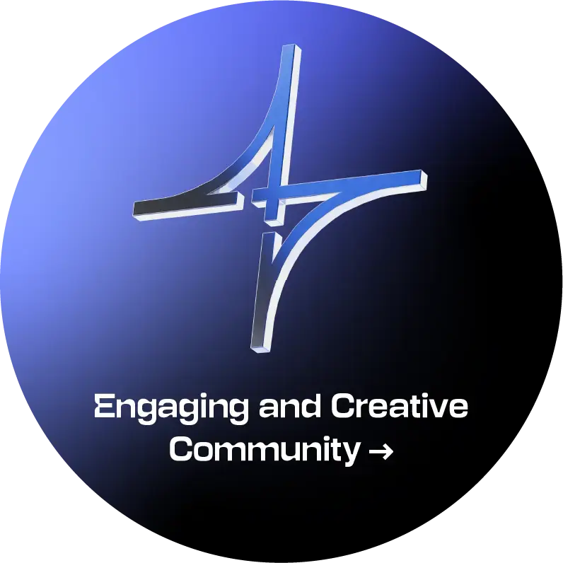 Engaging and Creative Community - icon Circular strategic direction symbol on a blue-to-black gradient background. At the top is a stylised white geometric symbol branching in four directions; below is the text “Engaging and Creative Community”. Selecting it opens accordion-style content with a description of the strategic direction.