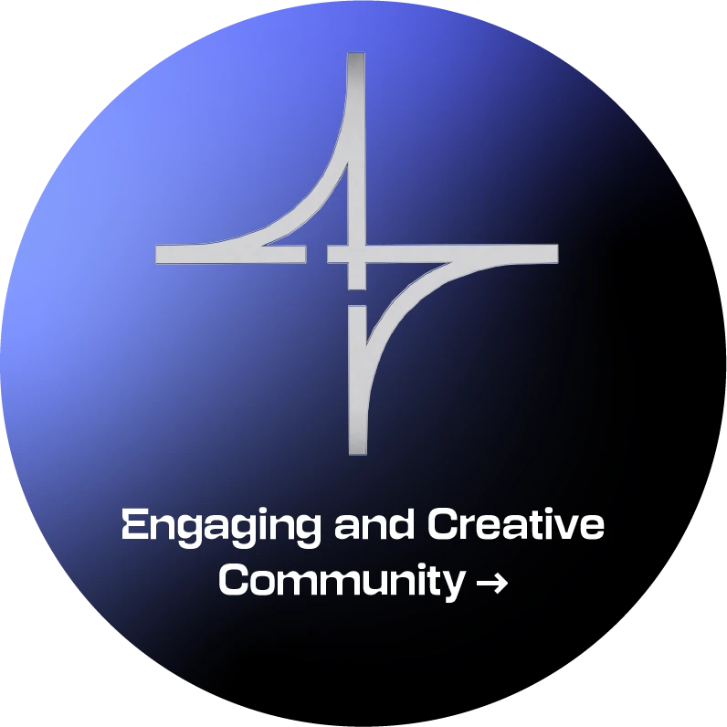Icon Engaging and Creative Community Circular strategic direction symbol on a blue-to-black gradient background. At the top is a stylised white geometric symbol branching in four directions; below is the text “Engaging and Creative Community”. Selecting it opens accordion-style content with a description of the strategic direction.