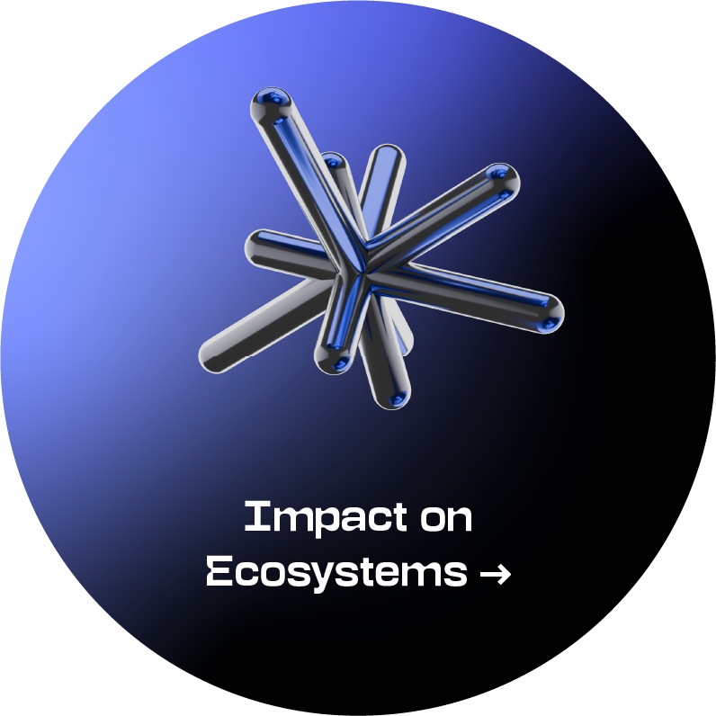 Icon Impact on Ecosystems Circular strategic direction symbol on a blue-to-black gradient background. At the top is a three-dimensional star-like composition made of intersecting glossy metallic rods; below is the text “Impact on Ecosystems”. Selecting it opens accordion-style content with a description of the strategic direction.