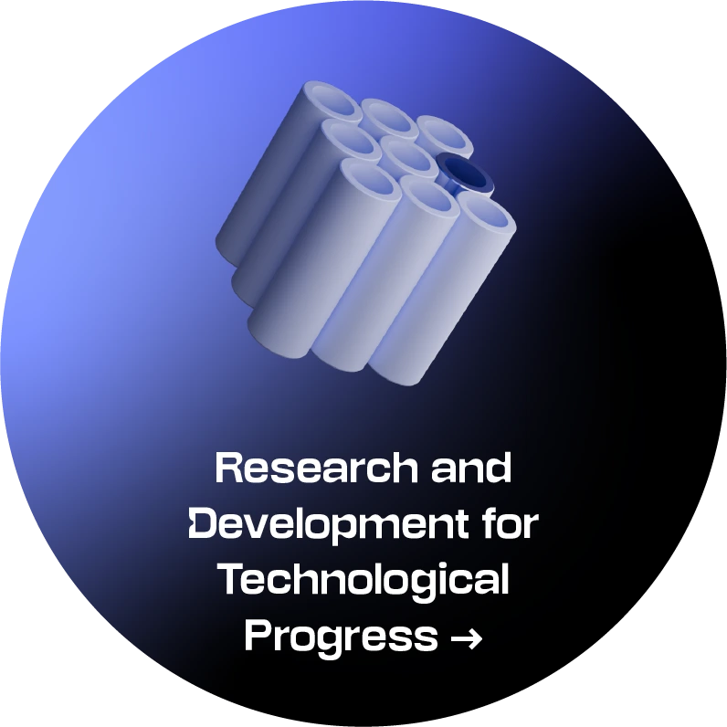 Icon Research and Development for Technological Progress Circular strategic direction symbol on a blue-to-black gradient background. At the top is a three-dimensional composition of clustered hollow cylindrical tubes in light grey and blue; below is the text “Research and Development for Technological Progress”. Selecting it opens accordion-style content with a description of the strategic direction.