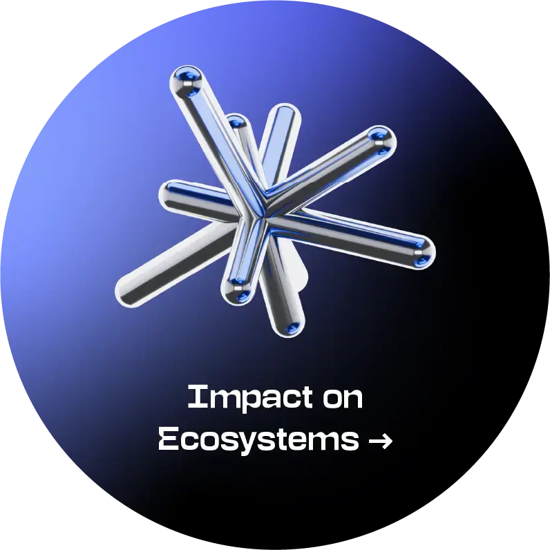 Impact on Ecosystems - icon Circular strategic direction symbol on a blue-to-black gradient background. At the top is a three-dimensional star-like composition made of intersecting glossy metallic rods; below is the text “Impact on Ecosystems”. Selecting it opens accordion-style content with a description of the strategic direction.