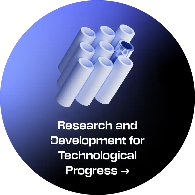 Research and Development for Technological Progress - icon Circular strategic direction symbol on a blue-to-black gradient background. At the top is a three-dimensional composition of clustered hollow cylindrical tubes in light grey and blue; below is the text “Research and Development for Technological Progress”. Selecting it opens accordion-style content with a description of the strategic direction.