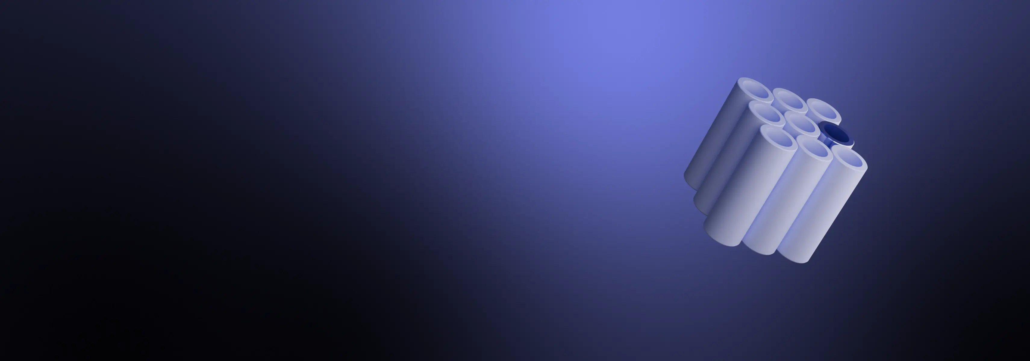 Wide KTU strategy banner on a blue-to-black gradient background. On the right is a three-dimensional composition of clustered hollow cylindrical tubes in light grey and blue, representing the strategic direction &ldquo;Research and Development for Technological Progress&rdquo;. Selecting the banner opens the page presenting this KTU strategic direction in more detail.
