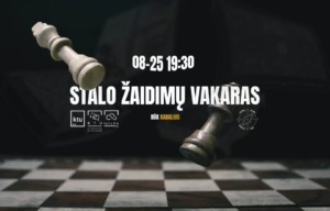 White text in the middle of the image, chess around the text, and a chessboard at the bottom of the image.