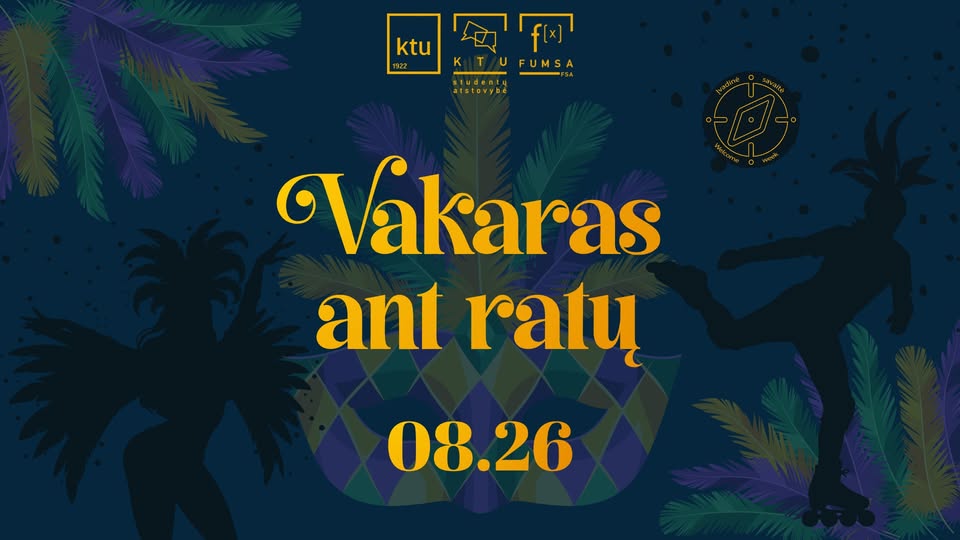 Yellow text in the center, green tree leaves surrounding the text, and the silhouette of a person riding a rollerblades