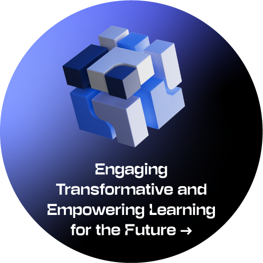 Circular strategic direction symbol on a blue-to-black gradient background. At the top is a three-dimensional composition of interlocking and separated blue and grey geometric blocks; below is the text &ldquo;Engaging Transformative and Empowering Learning for the Future&rdquo;. Selecting it opens accordion-style content with a description of the strategic direction.