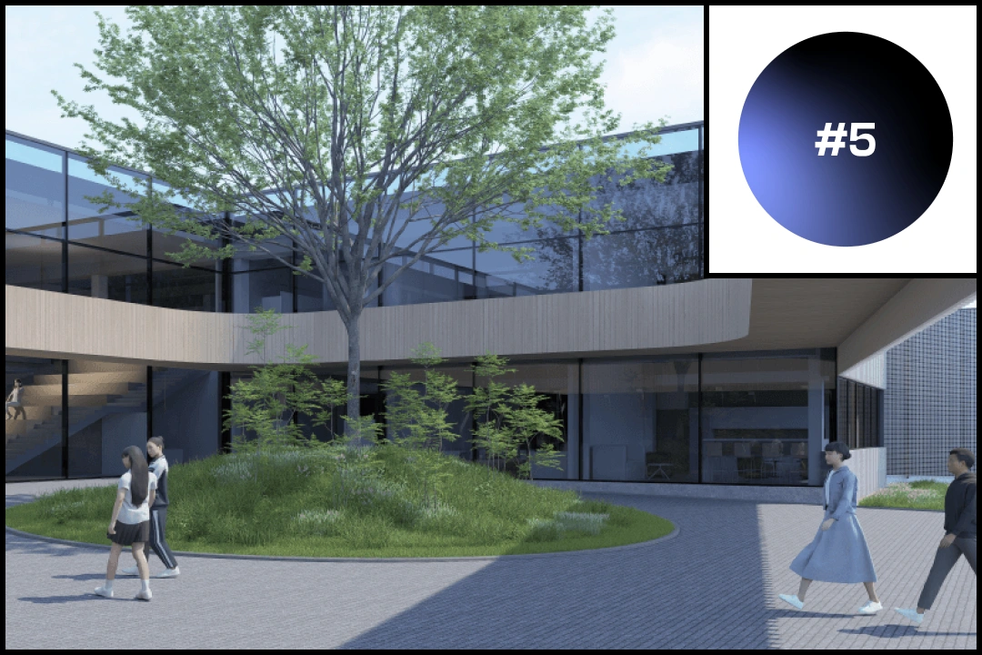 Visualisation of the KTU STEAM Didactics Centre featuring a modern inner courtyard. A large tree and landscaped greenery stand at the centre. The surrounding contemporary building has large glass windows and wooden facade elements. People are walking through the courtyard. A blue and black circle in the upper right corner displays the label &ldquo;#5&rdquo;, representing the STEAM didactics area.